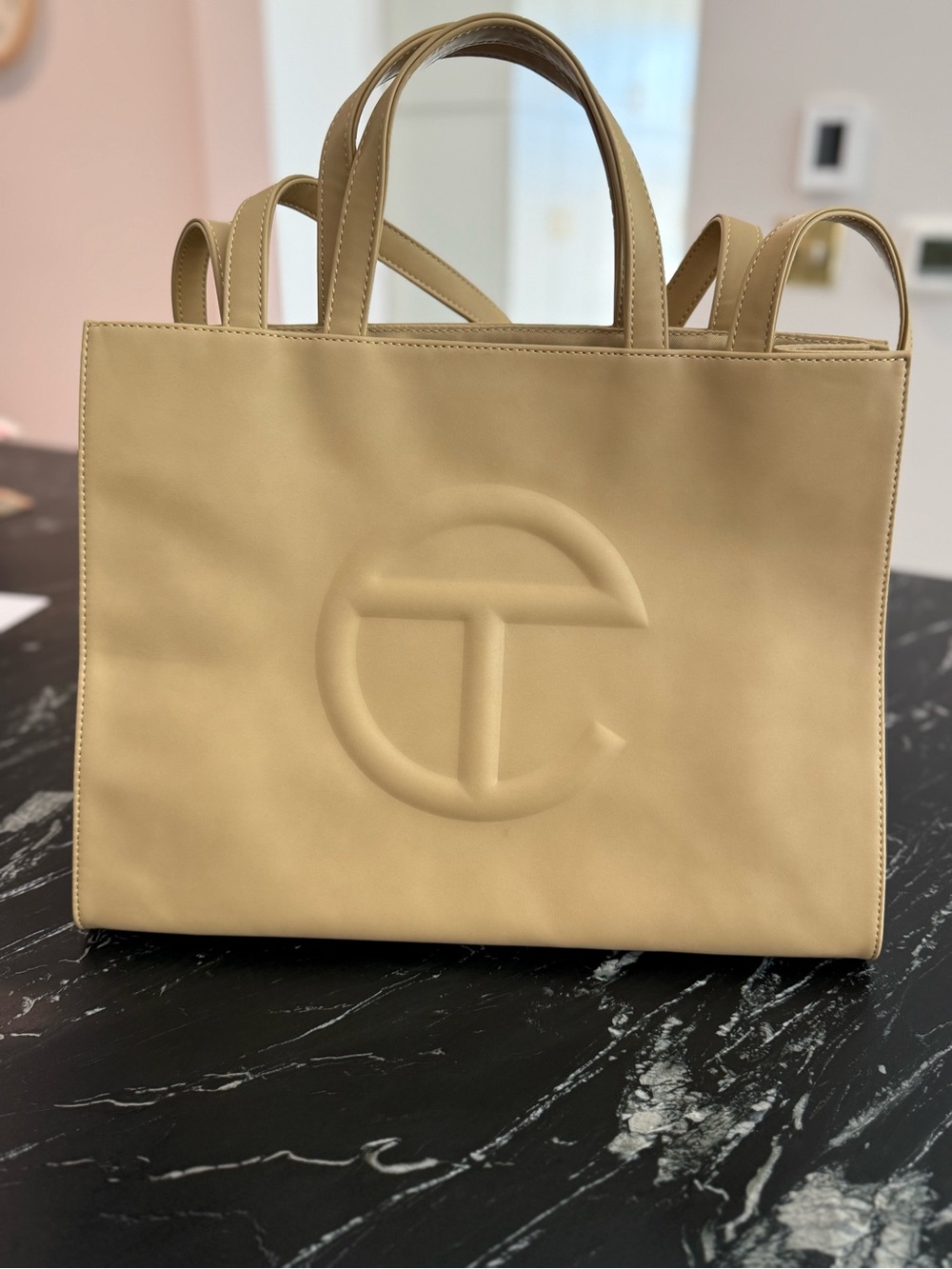 Telfar Cream Vegan Leather Medium Shopper Bag with Embossed Telfar Logo